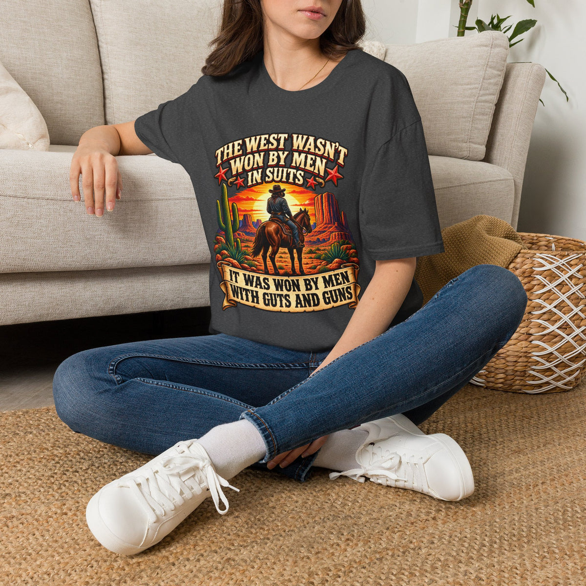 Western Graphic T-Shirt — “The West Wasn’t Won by Men in Suits” Cowboy Sunset Tee