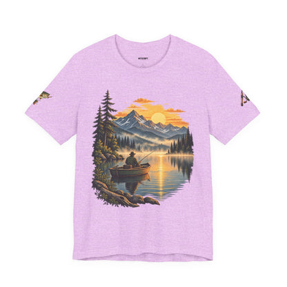 Sunset Lake Fishing T-Shirt — Mountain Boat Fishing Graphic Tee
