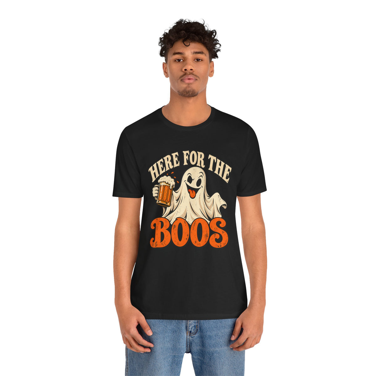 Here for the Boos Halloween T-Shirt — Ghost Drinking Beer Graphic Tee