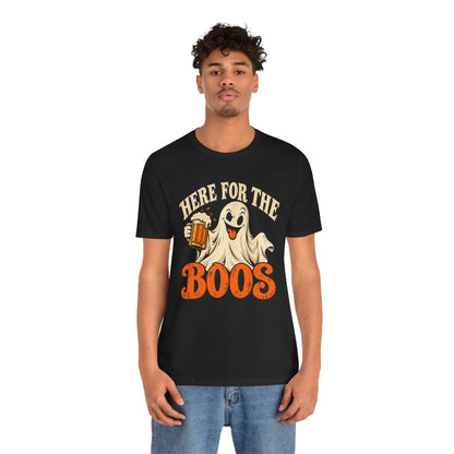 Here for the Boos Halloween T-Shirt — Ghost Drinking Beer Graphic Tee