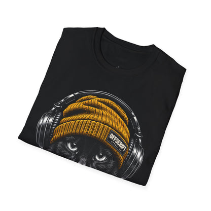Cat Headphones T-Shirt — Cool Black Cat with Beanie & Headphones Graphic
