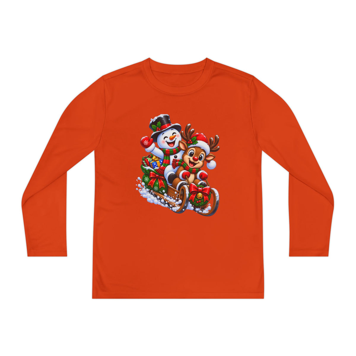 Kids' Christmas Sledding Tee — Snowman & Reindeer Holiday Long Sleeve