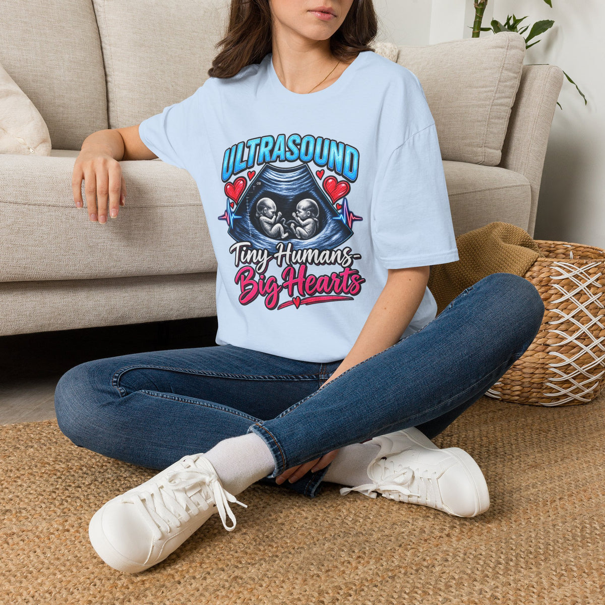 Ultrasound Twins T‑Shirt — Tiny Humans Big Hearts Pregnancy Tee