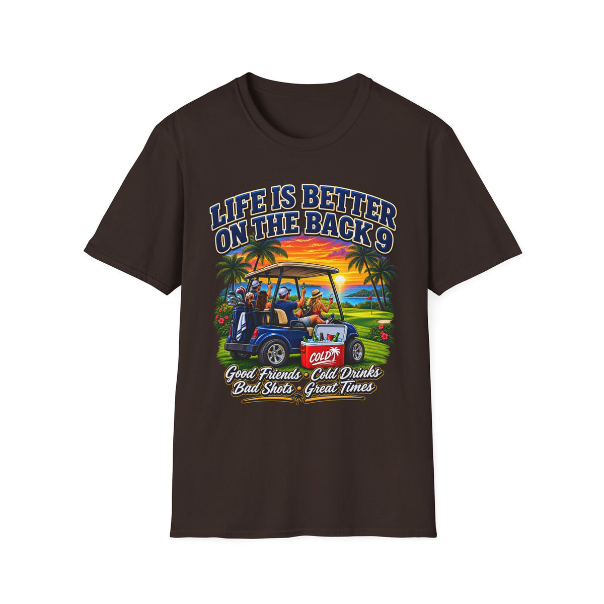 Golf T-Shirt — "Life Is Better on the Back 9" Sunset Golf Cart Design