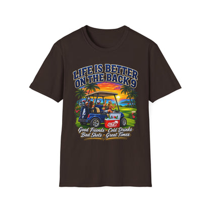 Golf T-Shirt — "Life Is Better on the Back 9" Sunset Golf Cart Design