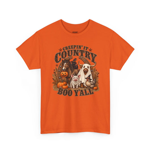 Country Halloween Tee — "Keepin' It Country Boo Y'all" Farm Animal Pumpkin T-Shirt
