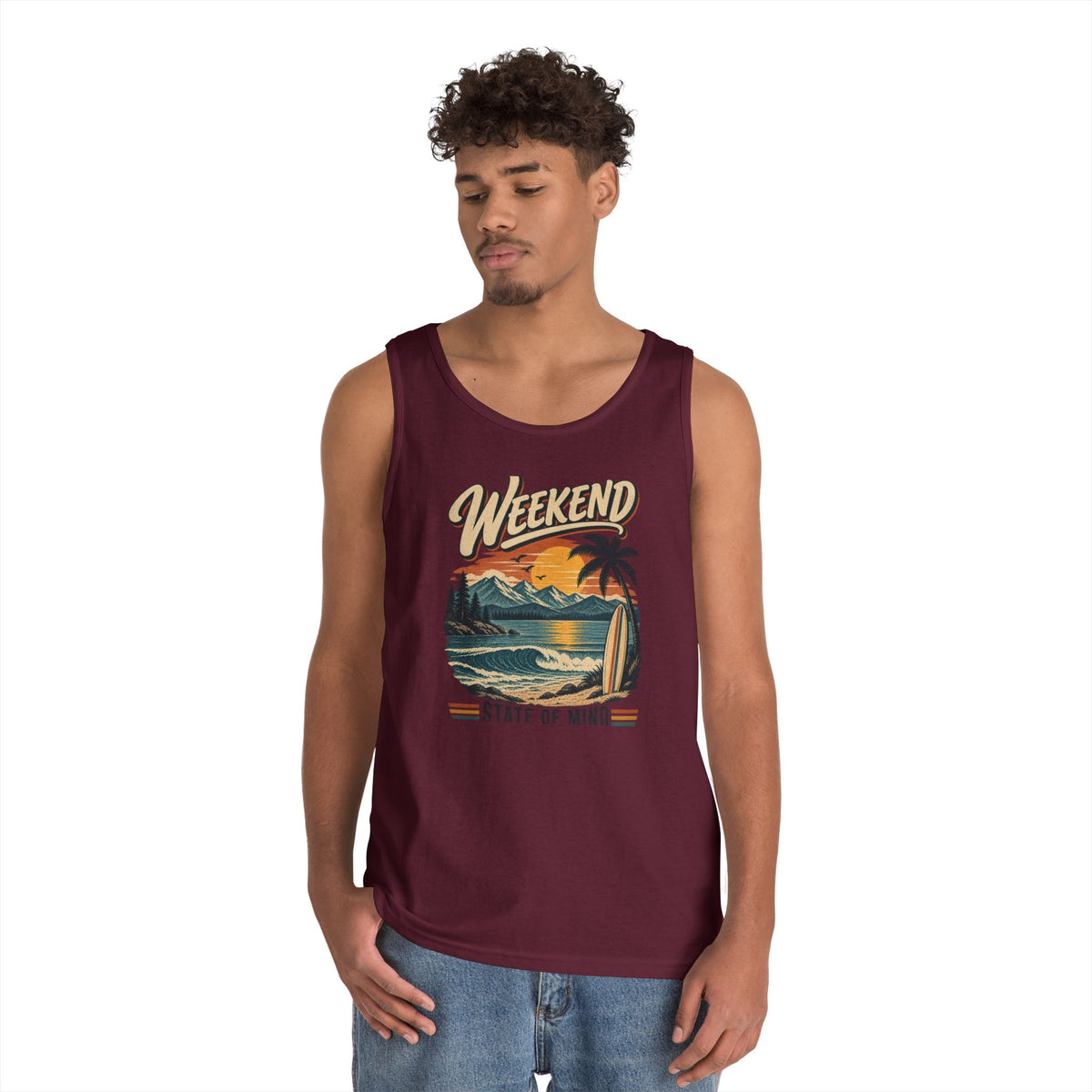 Weekend State of Mind Tank Top — Retro Beach Surf Sunset Graphic