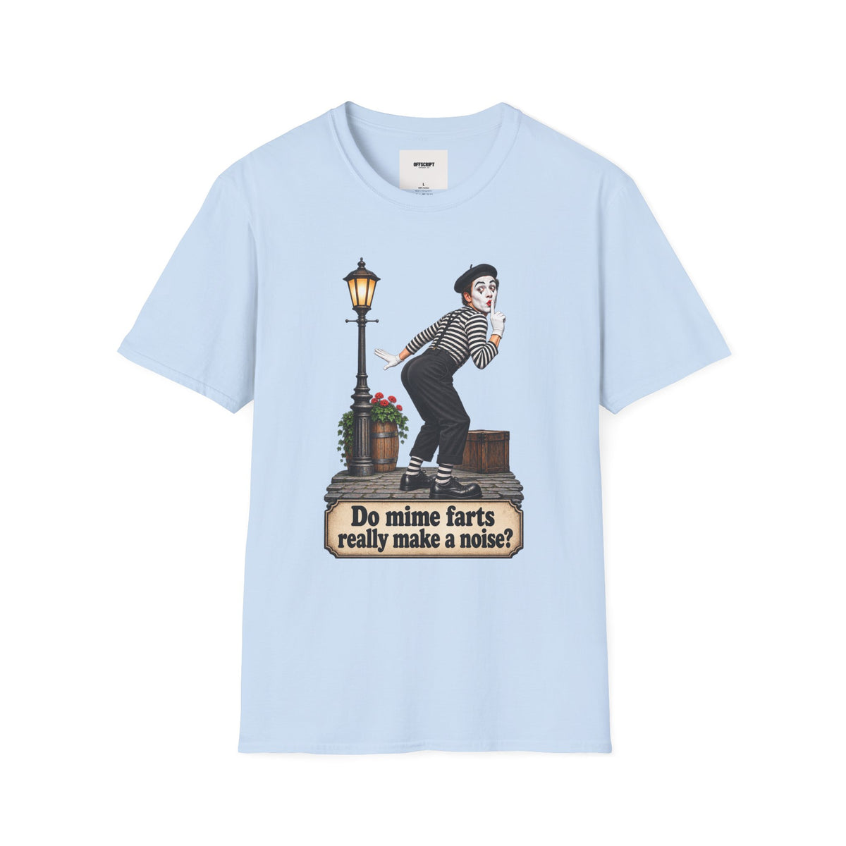 Mime Graphic T-Shirt — "Do Mime Farts Really Make a Noise?" Vintage Street Performer Tee