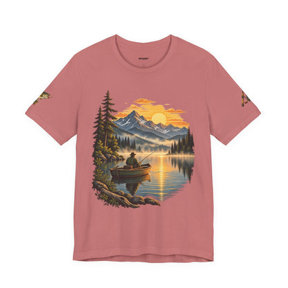 Sunset Lake Fishing T-Shirt — Mountain Boat Fishing Graphic Tee