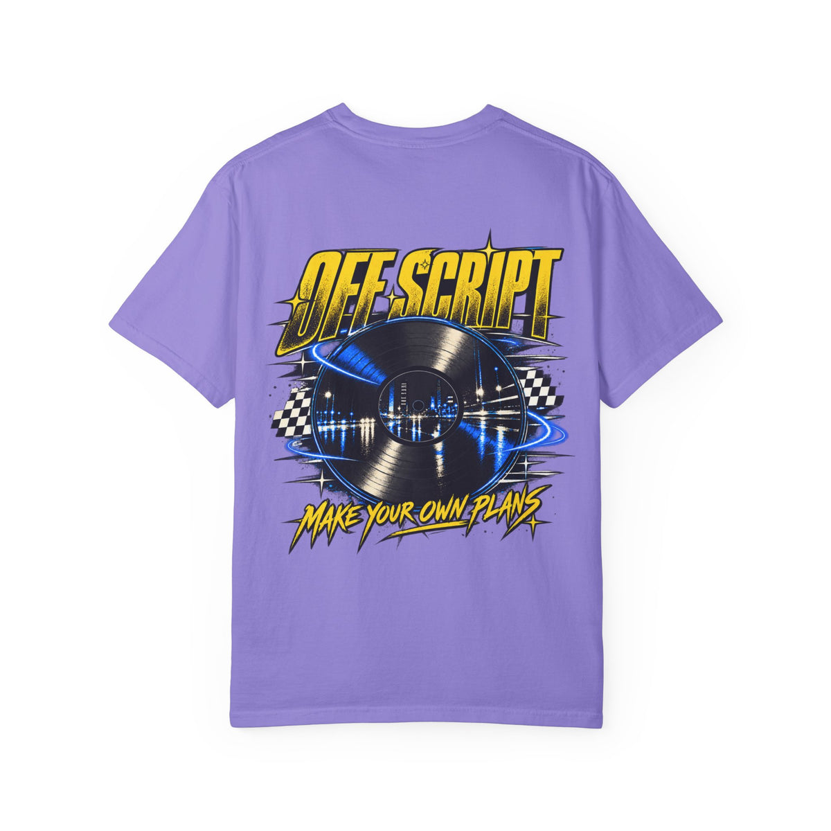 T-Shirt — Off Script Vinyl Graphic Tee: "Make Your Own Plans" Retro Racing Design