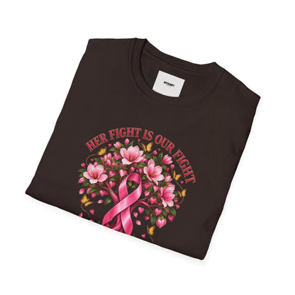 Breast Cancer Awareness T-Shirt – “Her Fight Is Our Fight” Pink Ribbon Floral Tee
