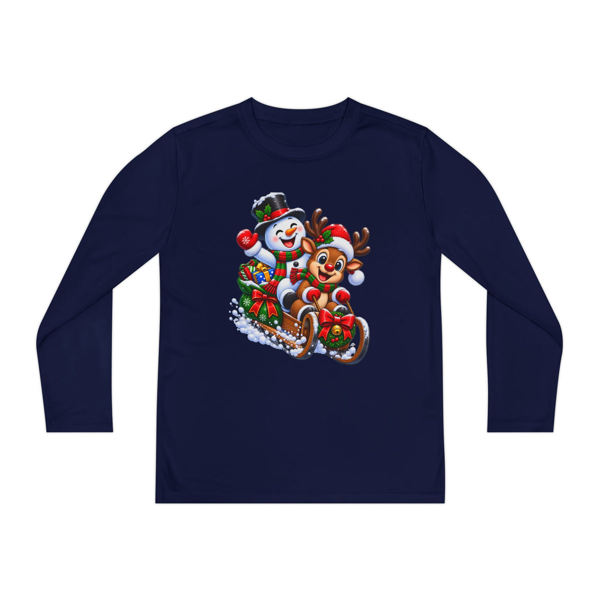 Kids' Christmas Sledding Tee — Snowman & Reindeer Holiday Long Sleeve