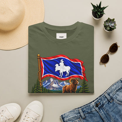 Wyoming Flag T-Shirt — Cowboy & Bison Mountain Scenic Tee