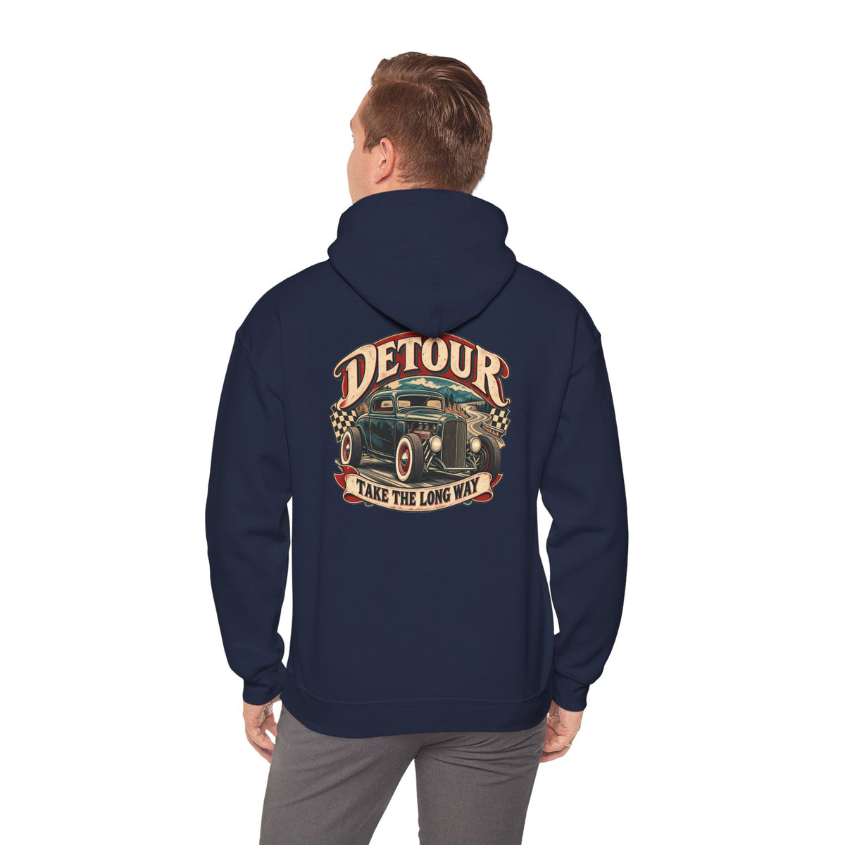 Detour Vintage Hot Rod Hoodie — "Take The Long Way" Classic Car Sweatshirt