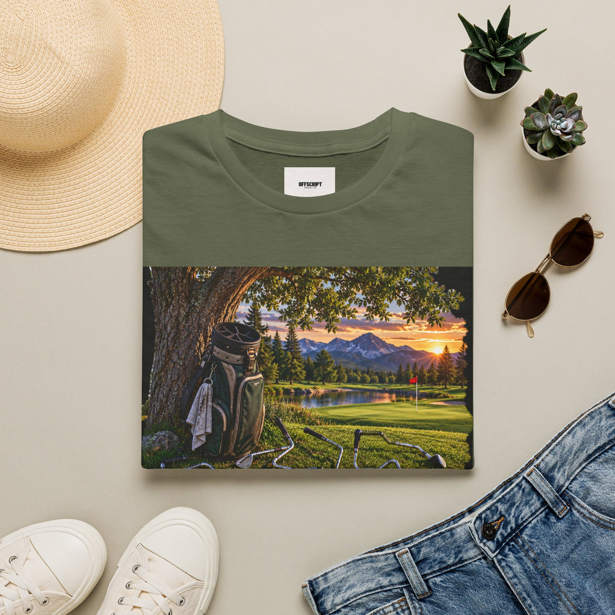 Golf Relaxation T-Shirt — "GOLF: a great way to relieve stress" Scenic Sunset Design