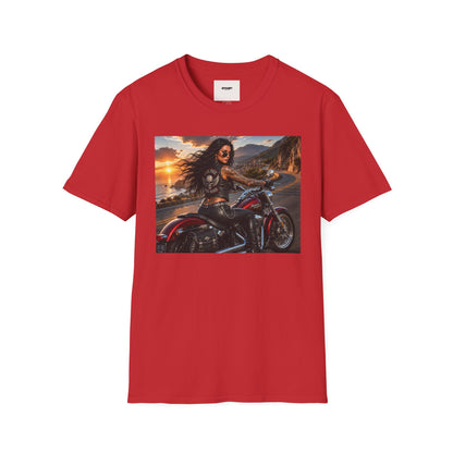 Biker Girl Sunset T-Shirt — Motorcycle Rider Graphic Tee