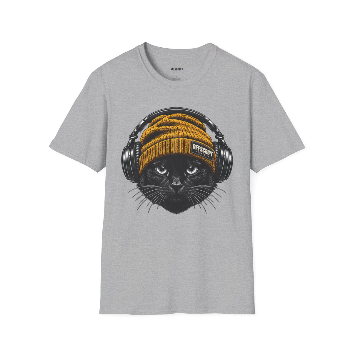 Cat Headphones T-Shirt — Cool Black Cat with Beanie & Headphones Graphic