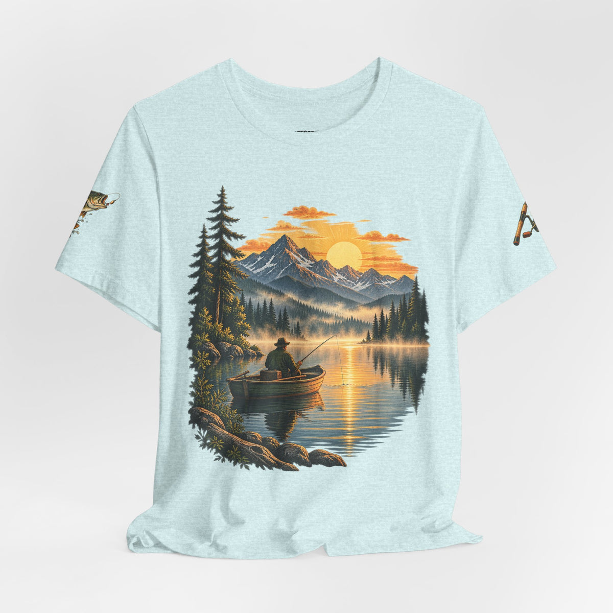 Sunset Lake Fishing T-Shirt — Mountain Boat Fishing Graphic Tee