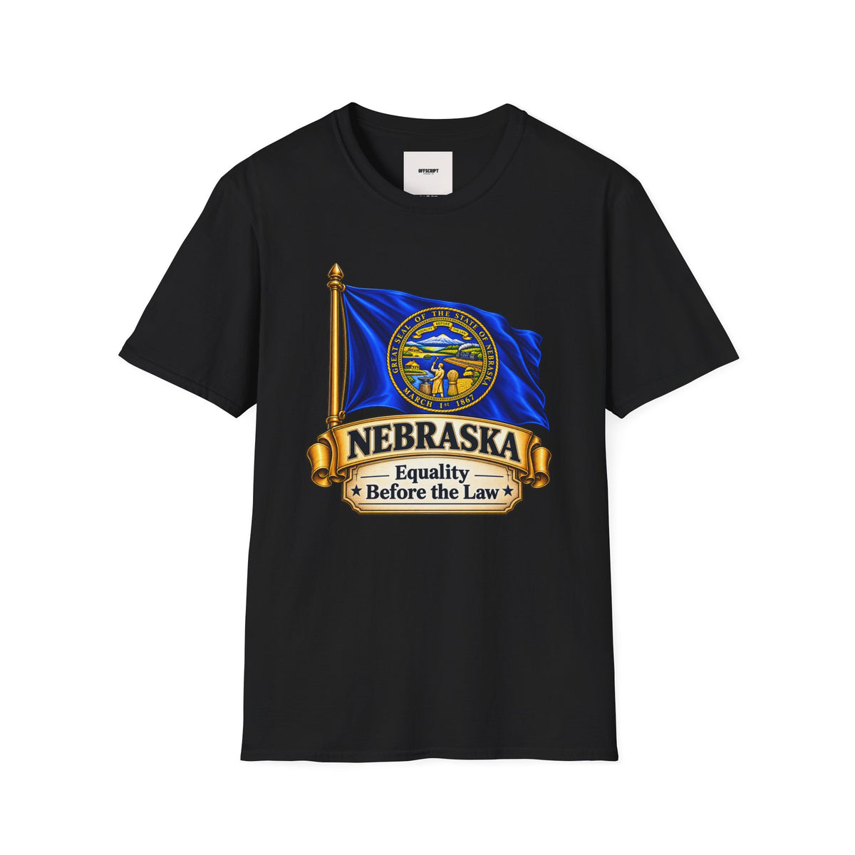 Nebraska Flag T-Shirt — State Seal ‘Nebraska: Equality Before the Law’