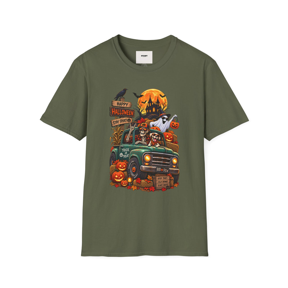 Halloween Truck Graphic T‑Shirt — Happy Halloween Ghosts & Pumpkins Design