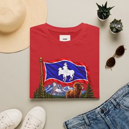 Wyoming Flag T-Shirt — Cowboy & Bison Mountain Scenic Tee