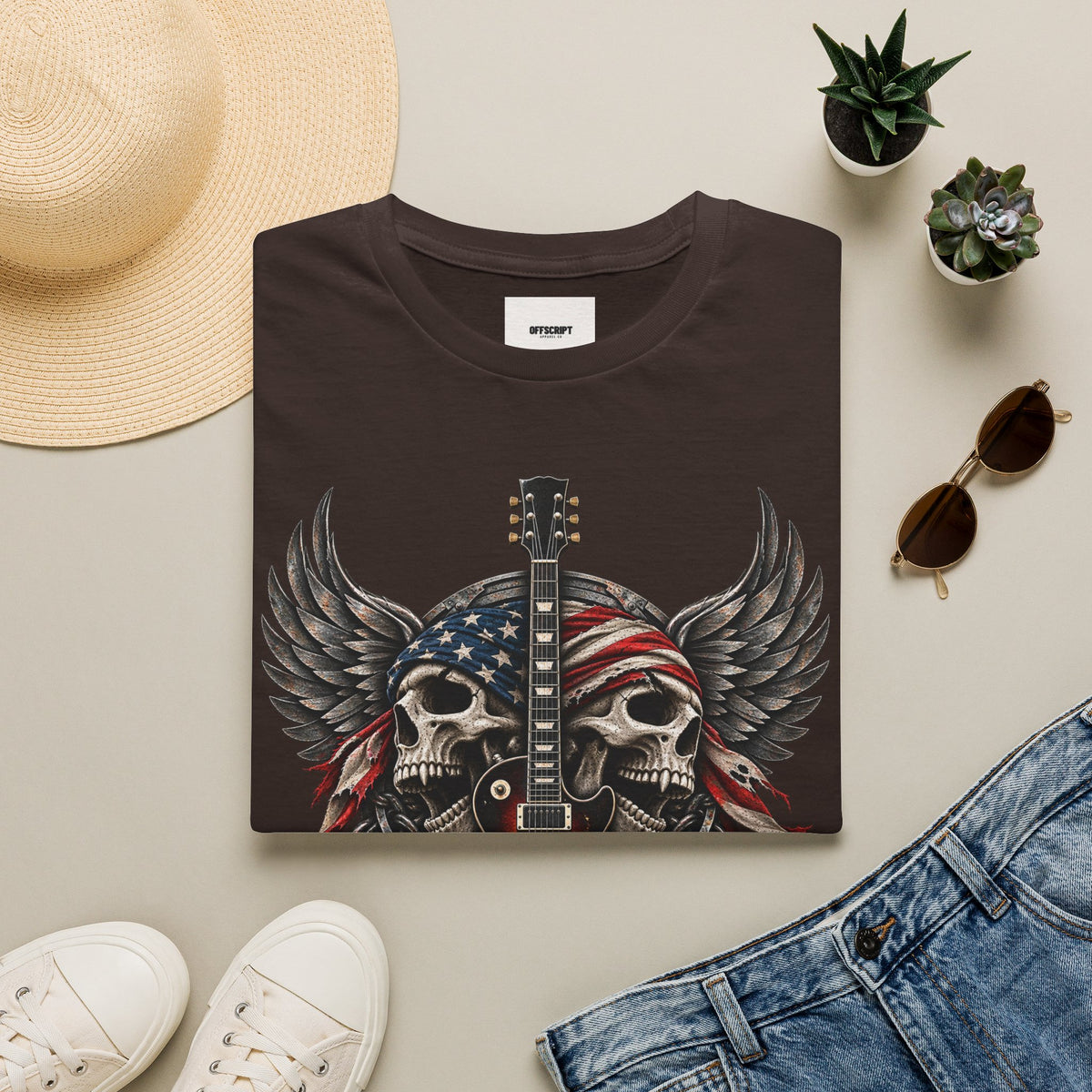 American Skull Guitar T-Shirt — Patriotic Rock Music Tee