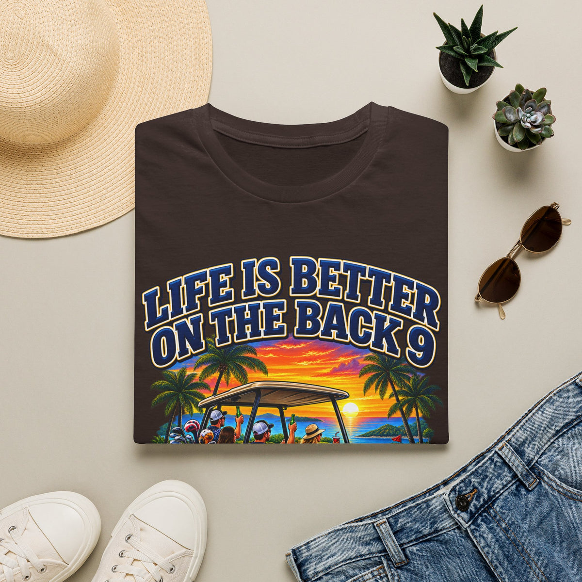 Golf T-Shirt — "Life Is Better on the Back 9" Sunset Golf Cart Design