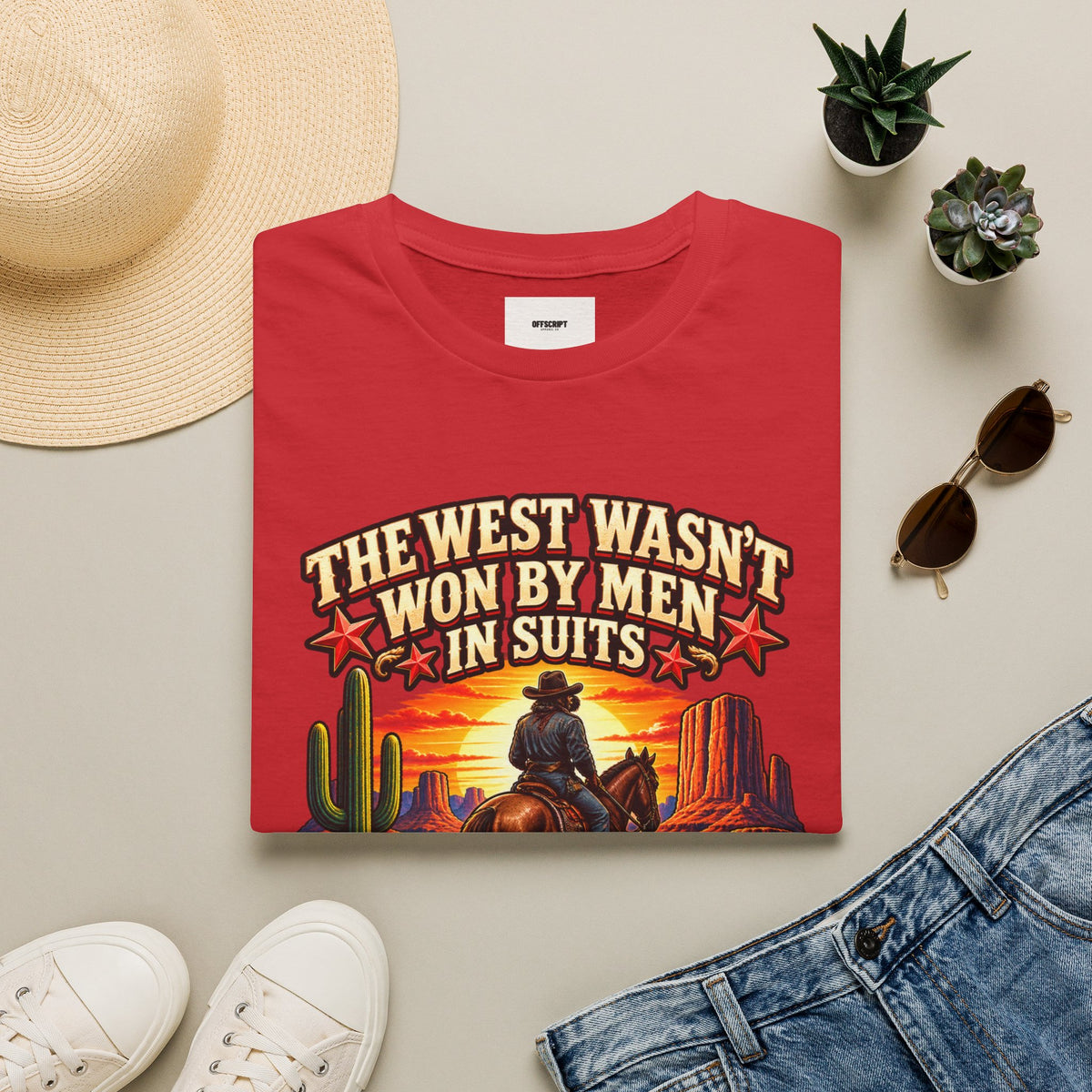 Western Graphic T-Shirt — “The West Wasn’t Won by Men in Suits” Cowboy Sunset Tee