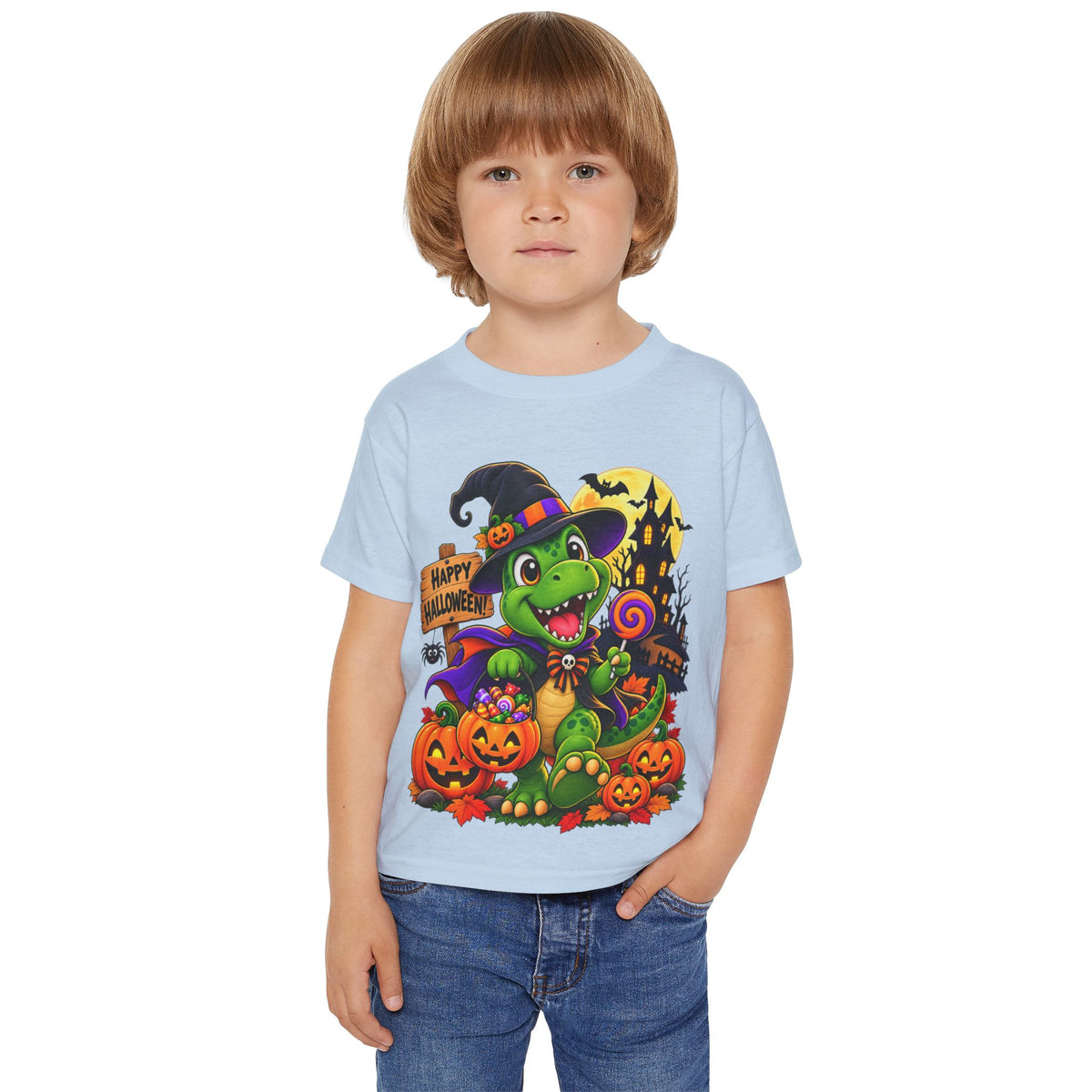 Toddler Halloween Dino T‑Shirt – Cute Witch Dino with Pumpkins & "Happy Halloween" Design