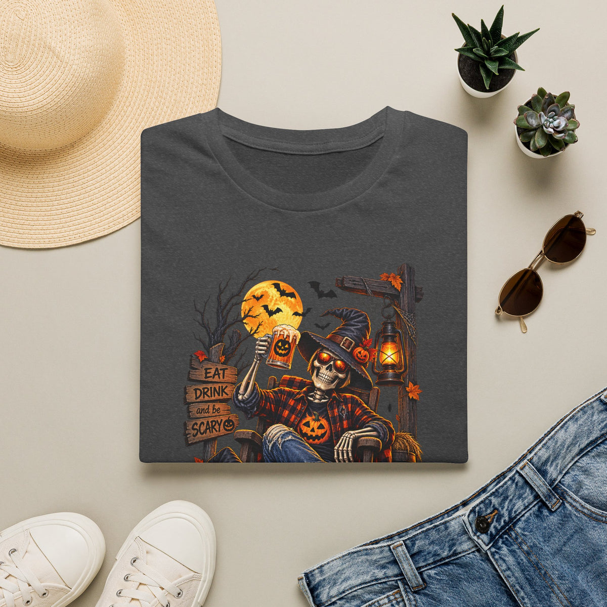 Halloween Skeleton Scarecrow T-Shirt — 'Eat Drink & Be Scary' Pumpkin Dog Tee