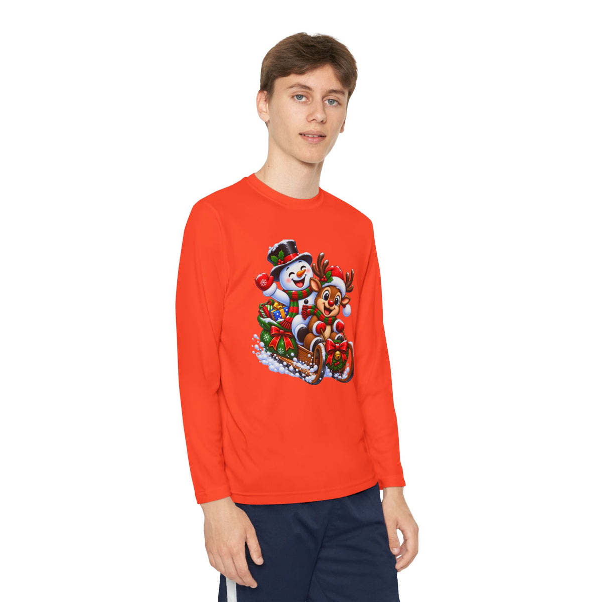 Kids' Christmas Sledding Tee — Snowman & Reindeer Holiday Long Sleeve