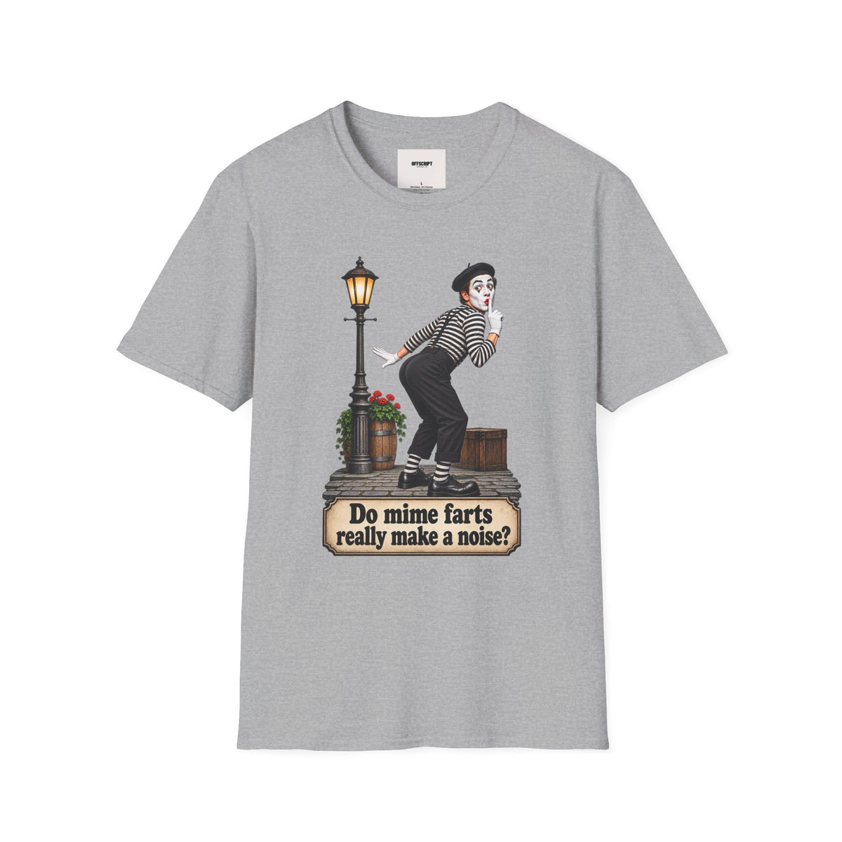 Mime Graphic T-Shirt — "Do Mime Farts Really Make a Noise?" Vintage Street Performer Tee