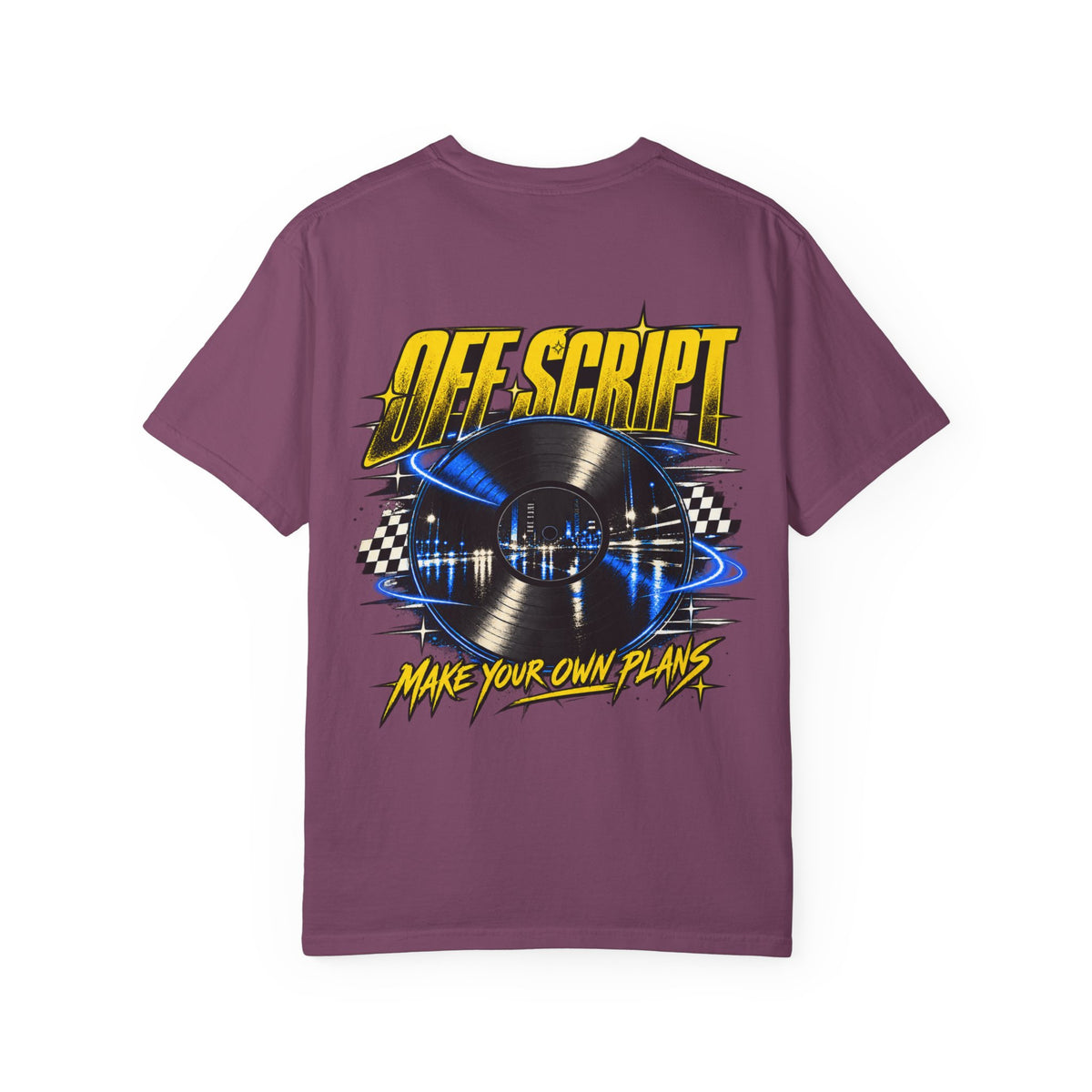 T-Shirt — Off Script Vinyl Graphic Tee: "Make Your Own Plans" Retro Racing Design