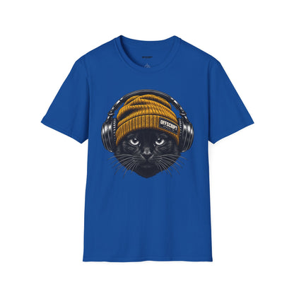 Cat Headphones T-Shirt — Cool Black Cat with Beanie & Headphones Graphic