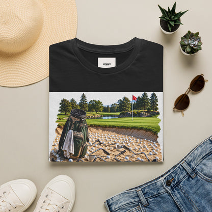 Golf Bunker Scene T-Shirt — "How Many People Live & Work In Dunes" Graphic Tee