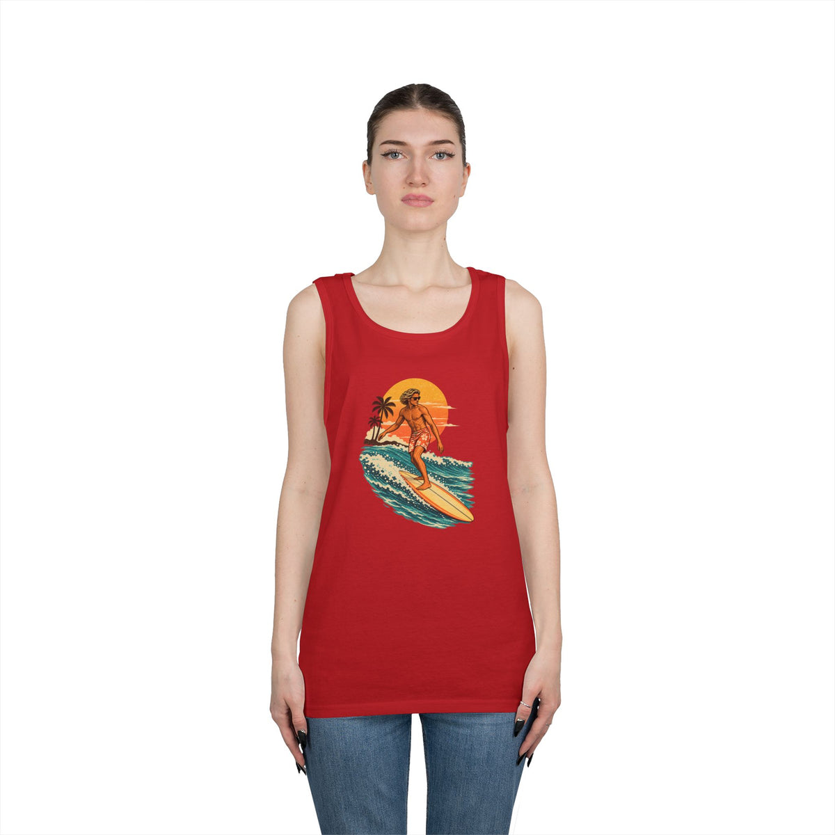 Surfing Sunset Tank — Retro Surfer Graphic Tank Top
