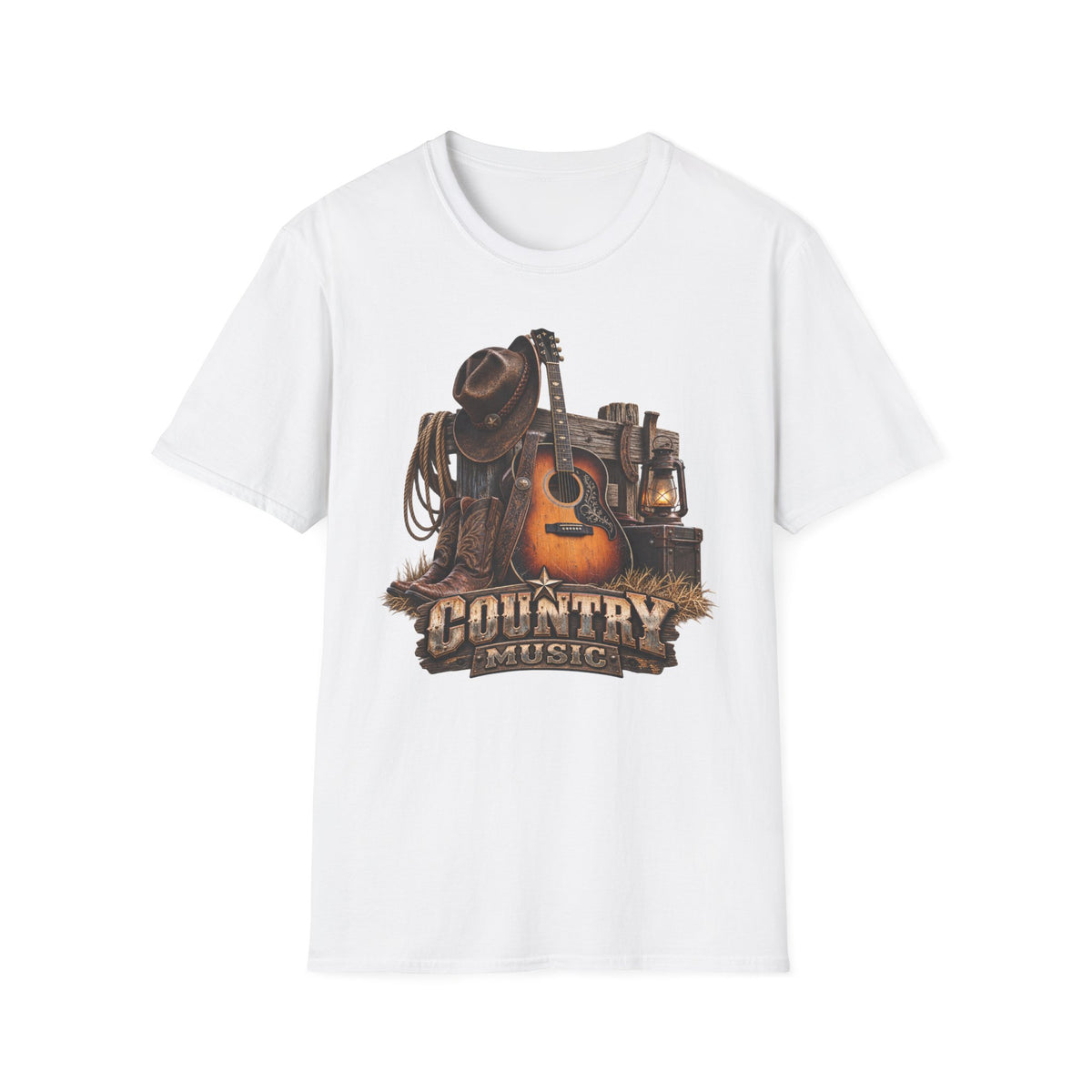 Country Music Guitar T-Shirt — Rustic Cowboy Hat & Lantern Graphic
