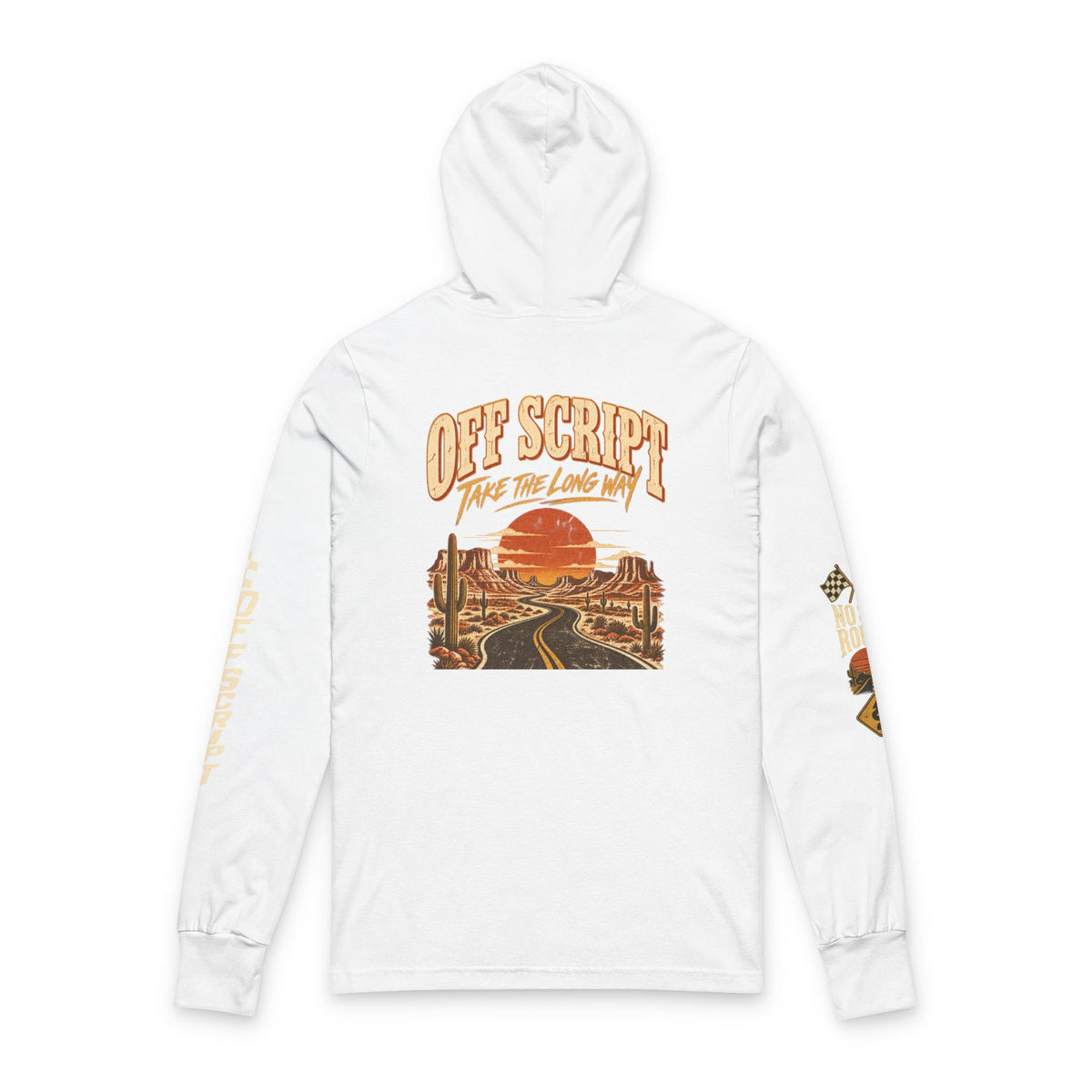 Long Sleeve Hoodie — 'Off Script' Desert Sunset Road Graphic