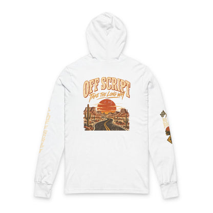 Long Sleeve Hoodie — 'Off Script' Desert Sunset Road Graphic