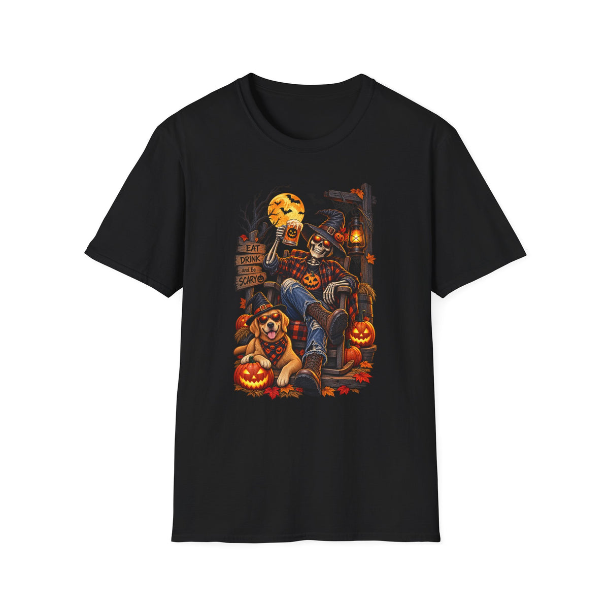 Halloween Skeleton Lounge T-Shirt — "Eat Drink & Be Scary" Graphic Tee