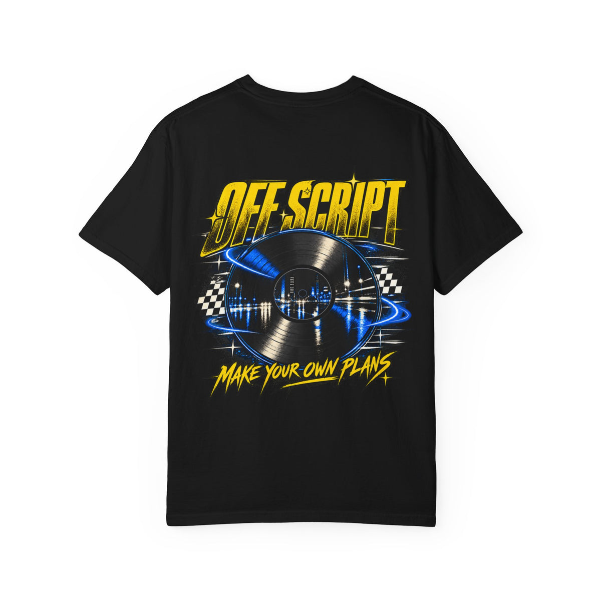 T-Shirt — Off Script Vinyl Graphic Tee: "Make Your Own Plans" Retro Racing Design
