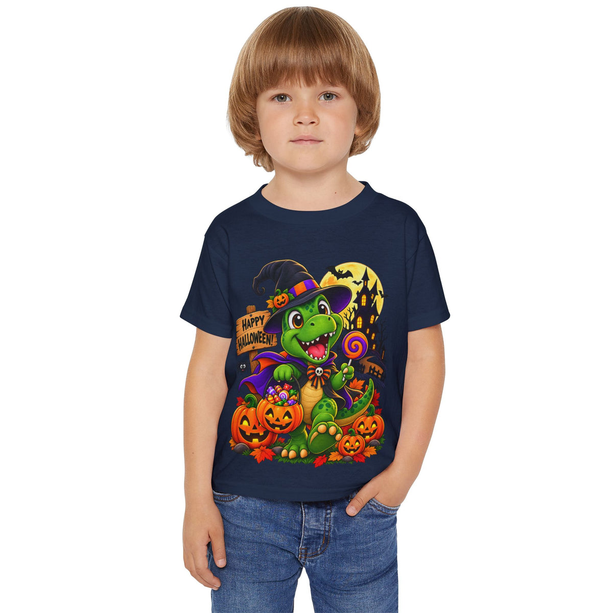 Toddler Halloween Dino T‑Shirt – Cute Witch Dino with Pumpkins & "Happy Halloween" Design