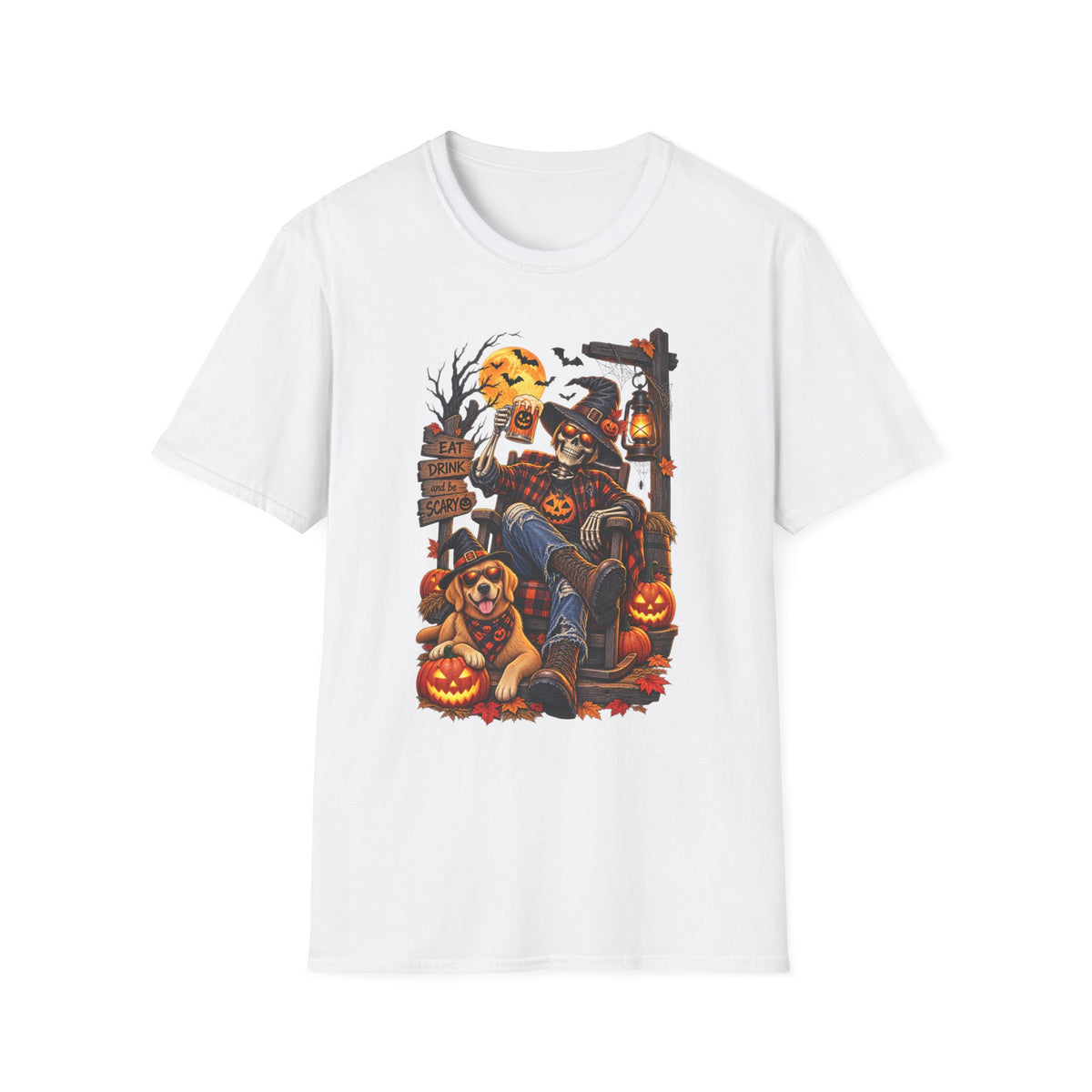 Halloween Skeleton Scarecrow T-Shirt — 'Eat Drink & Be Scary' Pumpkin Dog Tee