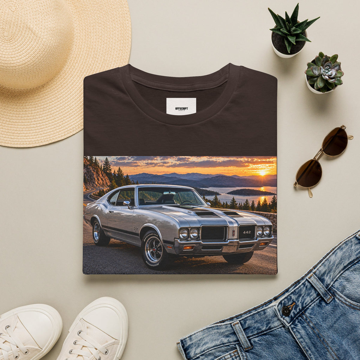 Classic Muscle Car Sunset T-Shirt — Vintage Oldsmobile Photo Tee