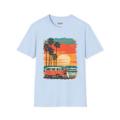 Retro Sunset Van T-Shirt – Tropical Beach Road Trip Graphic