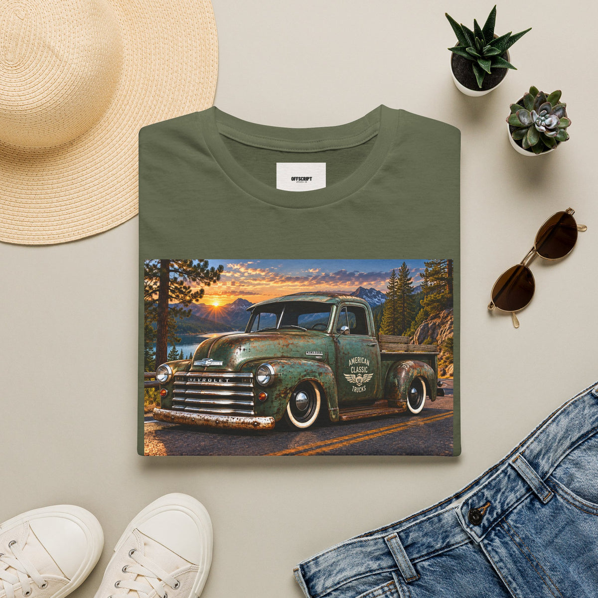 Vintage Green Pickup Truck T-Shirt — Retro Rustic Sunset Road Tee