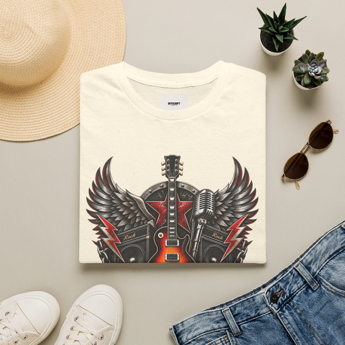 Rock 'n' Roll Guitar Tee — Vintage Winged Guitar & Microphone Design