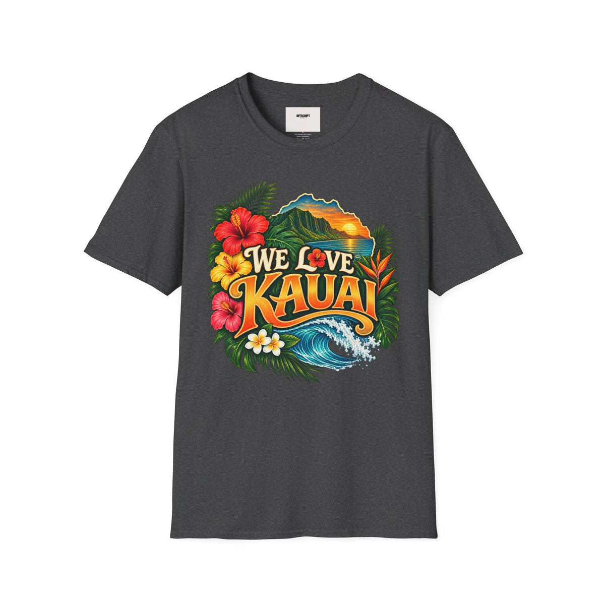 We Love Kauai T-Shirt — Hawaiian Island Sunset Floral Tee