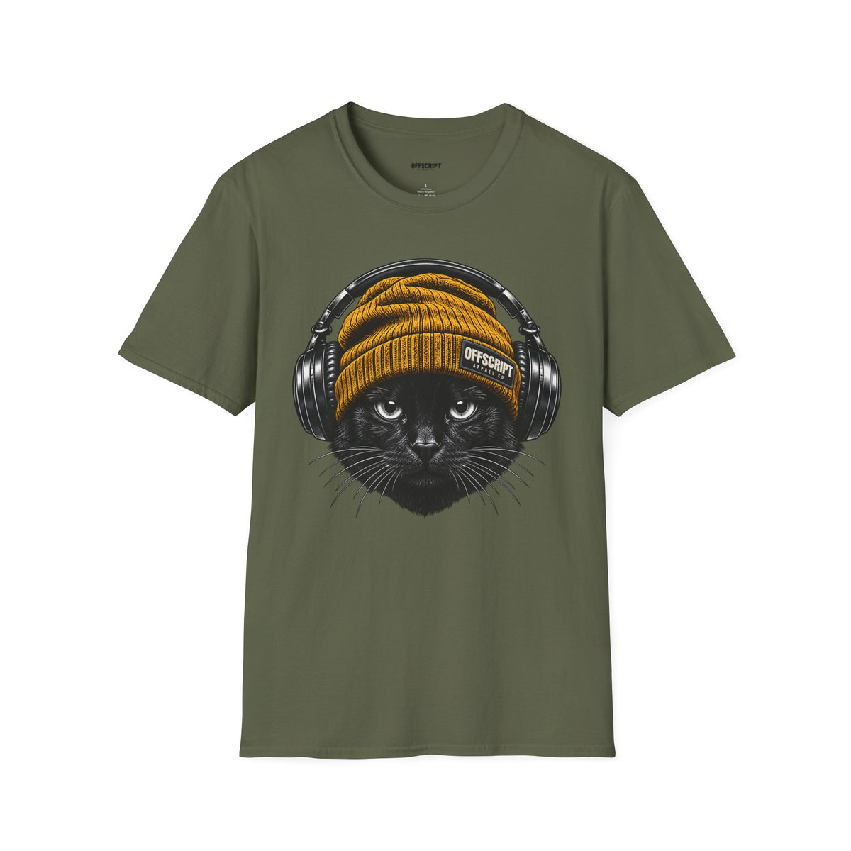 Cat Headphones T-Shirt — Cool Black Cat with Beanie & Headphones Graphic