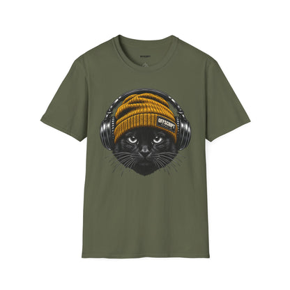 Cat Headphones T-Shirt — Cool Black Cat with Beanie & Headphones Graphic